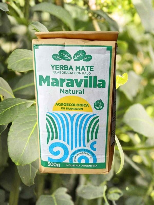 paquete de yerba mate con fondo de hojas